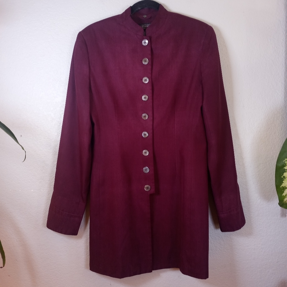 J Peterman Burgundy Silk Button Down Nehru Collar Vintage 80s Classic Jacket